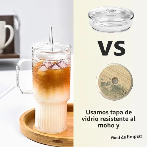 Vista 6 de Vasos de vidrio de 32 onzas con tapas de asa y pajitas, vasos de vidrio de borosilicato para café helado, licuados de frutas, vasos reutilizables