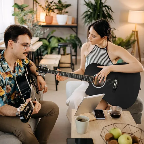 Vista 7 de Kit de guitarra electroacústica Vangoa para zurdos, tamaño completo, para principiantes adultos, con EQ de 4 bandas incorporado, bolsa, afinador