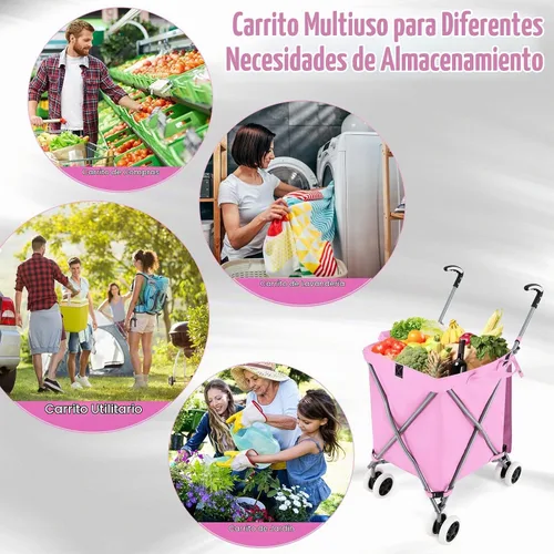 Vista 9 de GOFLAME Carrito de compras plegable con ruedas, carrito de comestibles impermeable con cubierta extraíble y ruedas giratorias de 360°, carrito Rosa
