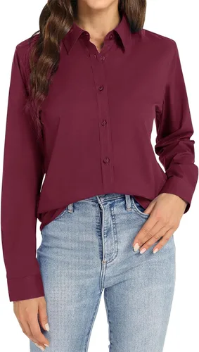 Vista 6 de Camisas de vestir para mujer, de manga larga, con botones, formales, sin arrugas, lisas, para trabajo, negocios, oficina, tops básicos
