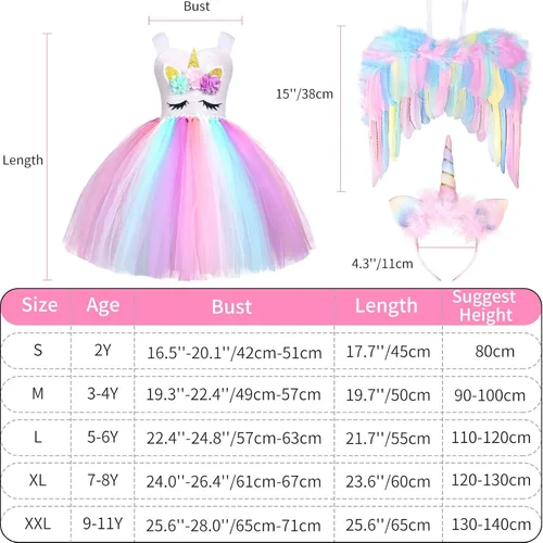 Vista 6 de GC Disfraz de unicornio para niñas vestido de tutú de arco iris con diadema atuendo de princesa para fiesta de cumpleaños Arcoiris Rainbow