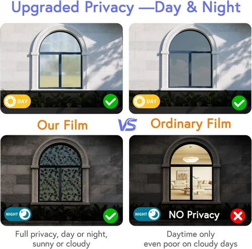 Vista 5 de SOMWISE Película de privacidad para ventana con herramientas, privacidad diurna y nocturna, decoración de vitrales de adherencia estática, tinte