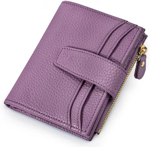 Vista 10 de oscaurt Billetera pequeña para mujer con bloqueo RFID, de dos pliegues, compacta, para tarjetas de crédito, de piel, con bolsillo con cremallera