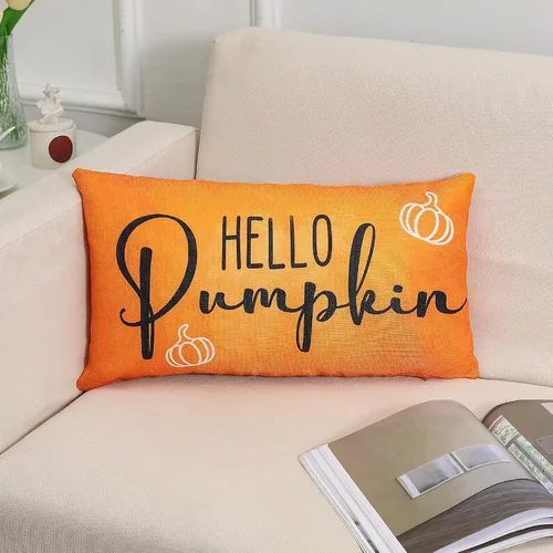 Vista 2 de wyooxoo Fundas de almohada otoñales de 12 x 20 pulgadas, fundas de almohada de otoño con texto en inglés "Hello Pumpkin", fundas de almohada