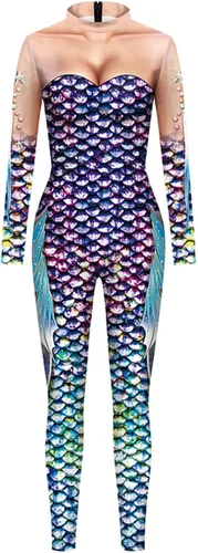 Vista 4 de Traje de baño de sirena para mujer con estampado de escamas de pez de manga larga para vacaciones de verano