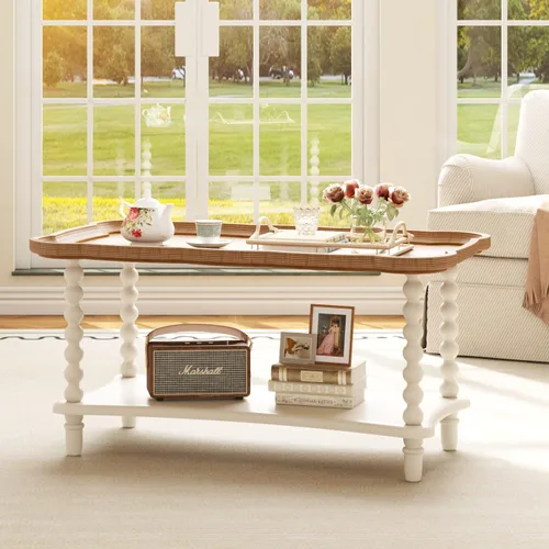 Vista 4 de Function Home - Mesa de centro de granja, mesa rústica blanca de estilo francés con estante de almacenamiento, mesas de centro de madera para sala