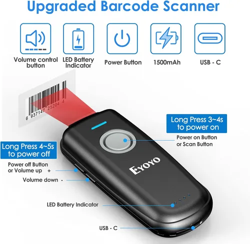 Vista 2 de Eyoyo Mini escáner de código de barras Bluetooth 1D inalámbrico, con botón de encendido/apagado, botón de subida y bajada de volumen, batería
