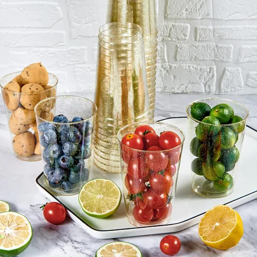 Vista 6 de JOLLY CHEF Paquete de 100 vasos de plástico dorados de 12 onzas, vasos dorados desechables, vasos de fiesta resistentes para bodas, Acción de 39.4 in
