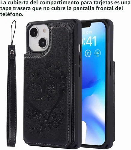 Vista 3 de iCoverCase Funda compatible con iPhone 14 Plus con tarjetero para mujer, bloqueo RFID en relieve, piel sintética con correa de muñeca de 6.7 H-Negro