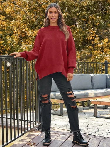 Vista 84 de Lillusory - Suéter extragrande con mangas de murciélago y cuello redondo para mujer, prenda moderna de otoño de tejido de punto sin botones