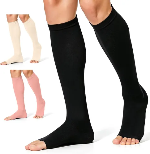 Vista 11 de CHARMKING 3 pares de calcetines de compresión de punta abierta para mujeres y hombres, circulación de 15-20 mmHg es el mejor apoyo para uso durante