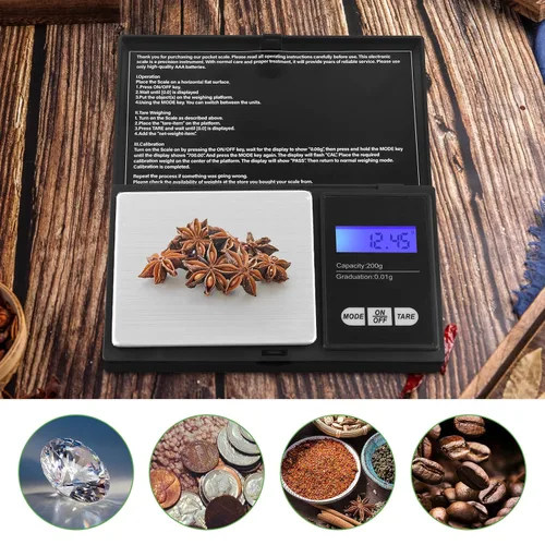 Vista 4 de Báscula digital de gramos, 7.05 oz x 0.00 oz, báscula de bolsillo con pantalla LCD, báscula de cocina portátil para alimentos, joyas, oro, plata