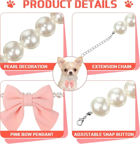 Vista 3 de LEIFIDE Collar de perlas para perro, joyería con colgante de lazo rosa, collares de perlas elegantes, collar ajustable para perros y gatos, collar
