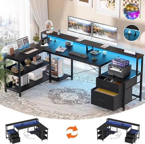 Vista 12 de Aheaplus Escritorio en forma de L con cajón de archivos, escritorio reversible en forma de L para computadora de 72.8" con toma de corriente