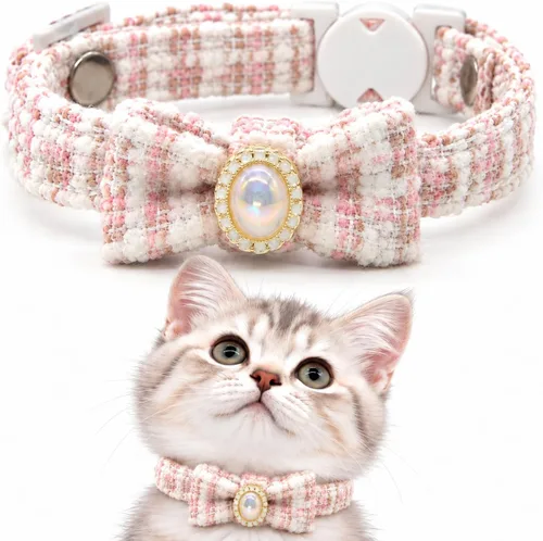 Vista 13 de Collar de gato de terciopelo suave con campana, collar ajustable para Rosa (Flower Pink)