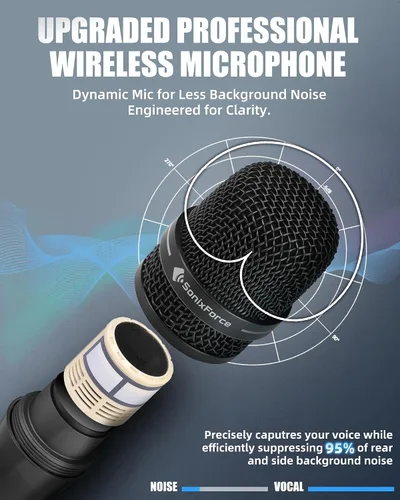 Vista 3 de Micrófonos inalámbricos, micrófono de karaoke profesional, sistema UHF de doble micrófono con rango de 260 pies, micrófono portátil de metal