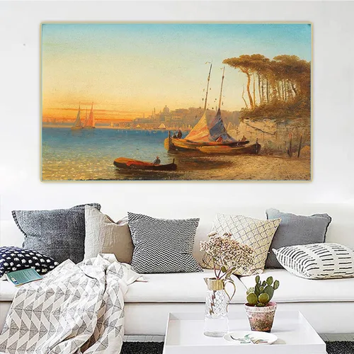 Vista 2 de Adolf Kaufmann "Motivo en la bahía de Ischia cerca de Nápoles" Cuadros famosa Impresión en lienzo. Cuadro de arte de pared de lienzo para decoración