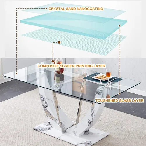 Vista 5 de JUFU Juego de mesa de comedor de cristal de 71 pulgadas para 6, juego de mesa de comedor moderno con base de textura de mármol sintético blanco