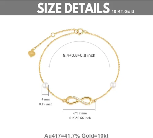 Vista 2 de Ankets de oro de 10 quilates creado Moissanite Infinity para mujeres pulsera de tobillo con perlas de oro real regalos para ella 94in 08in 04in