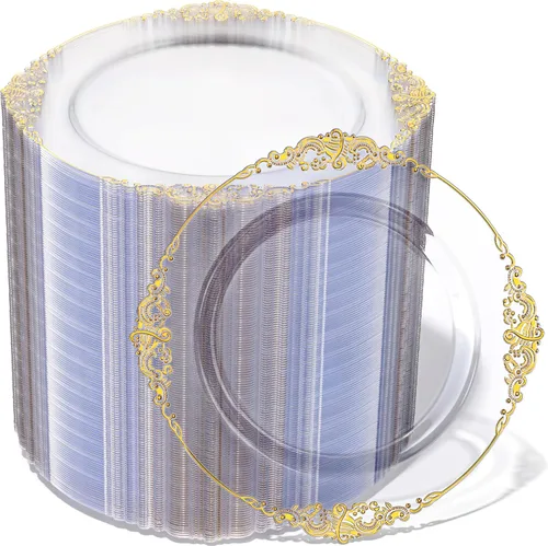 Vista 11 de Morejoy - 100 platos de plástico negro, platos desechables negros con borde dorado Black and Gold Plastic Plates, Modern swirl design Plates