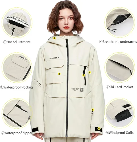 Vista 4 de Chaqueta de Esquí Abrigo de Snowboard Nieve Invierno Impermeable Aislada Resistente al Viento Holgada Cálida con Capucha para Hombres Mujeres