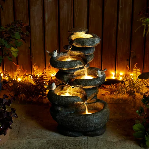 Vista 16 de Glitzhome Fuente de agua para exteriores con luz LED y bomba, moderna fuente de poliresina de 5 niveles y esfera para exteriores, fuente de cascada