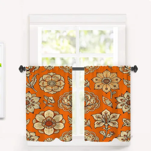 Vista 105 de Cortinas de cocina de hojas de arce otoñales para ventanas, hojas verdes y rojas sobre cenefas opacas negras, tratamientos de ventana de poliéster