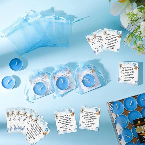 Vista 5 de Amyhill Juego de 100 regalos de fiesta de oso para baby shower, incluye velas azules sin perfume, velas de regalo neutras de género, tarjetas