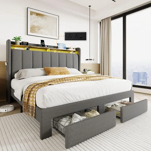 Vista 11 de SHA CERLIN Base de cama de plataforma de tamaño matrimonial con cabecera de canal vertical copetuda y 2 cajones de almacenamiento, estantes de 2