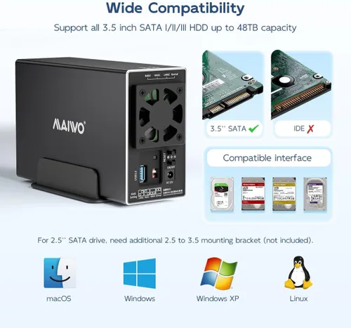 Vista 3 de MAIWO Caja RAID de disco duro de doble bahía con ventilador de refrigeración para 2.5/3.5 pulgadas SATA SSD/HDD, caja de disco duro USB 3.0 de 5