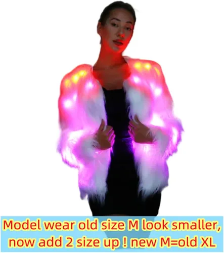 Vista 3 de SHINYOU Chaqueta de piel sintética para mujer, chaqueta con luz LED, para Halloween, Navidad, festival de música, regalo, abrigo de noche