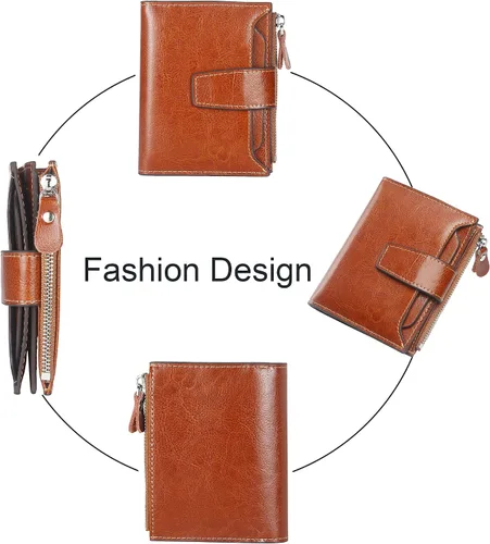Vista 3 de Lavemi Cartera pequeña y compacta para mujer con bloqueo RFID monedero plegable de cuero genuino con ventanas de identificación
