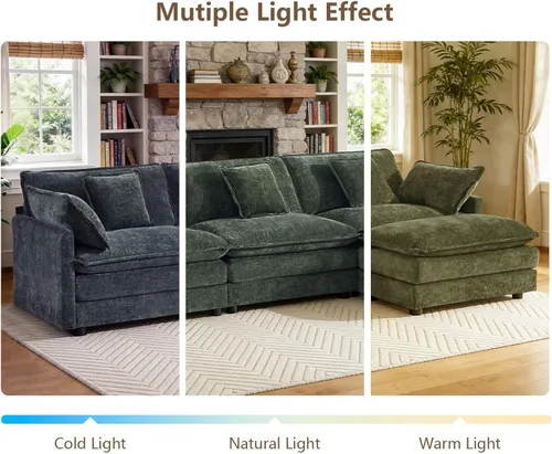 Vista 9 de Sofá modular modular de felpilla de asiento profundo, sofá en forma de L con almohadas y otomana móvil, cómodos sofás seccionales de nube de 3 Verde