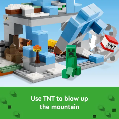 Vista 3 de LEGO Minecraft The Frozen Peaks 21243, Set de Montaña Cueva con Steve, Creeper, Figuras de Cabra y Accesorios, Juguete de Bioma Helado para Niños