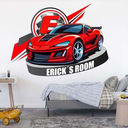 Vista 10 de Decoración de habitación de coches, calcomanía de pared con nombre de bandera de carreras, arte de pared personalizado para niños, bebés y niños