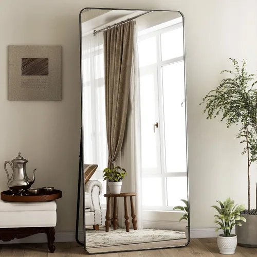 Vista 12 de BEAUTYPEAK - Espejo de cuerpo entero negro, espejo de piso de 56 x 21 pulgadas con esquinas redondeadas, espejo para colgar, apoyar contra la pared