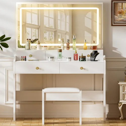 Vista 3 de COMHOMA Escritorio de maquillaje con espejo y luces, juego de mesa de tocador y silla con 5 cajones y estación de carga, tocador de dormitorio