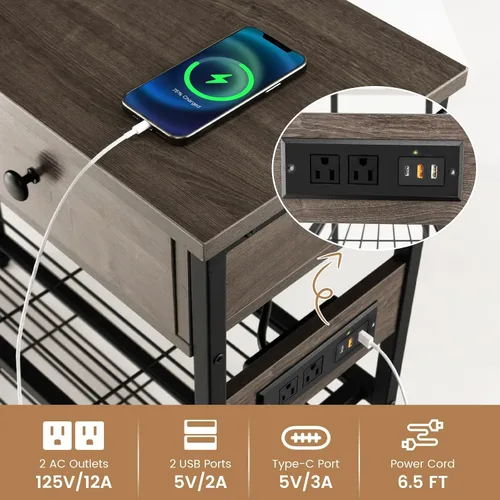 Vista 4 de GOFLAME Mesa consola con toma de corriente, mesa de entrada estrecha con cajones, 2 salidas de CA y 2 puertos USB, mesa de sofá para sala de estar
