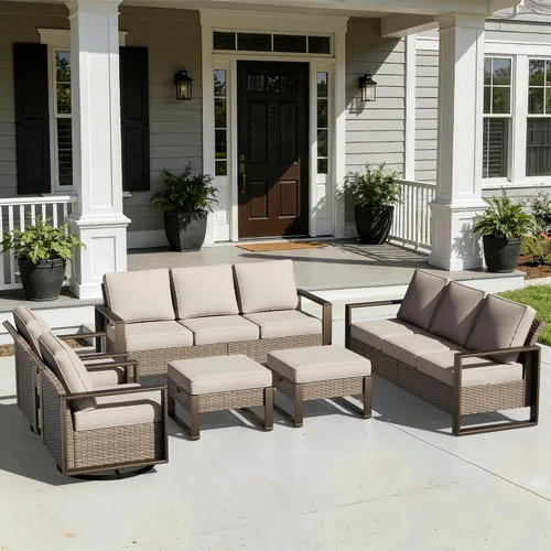 Vista 43 de Joyside - Sofá de mimbre para patio al aire libre, sofá de ratán de 3 plazas con cojines gruesos de olefina y reposabrazos rectangular con marco