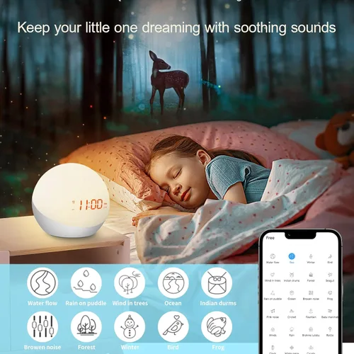 Vista 4 de Reloj despertador para niños, entrenador del sueño, reloj despertador para niños pequeños, máquina de sonido portátil para bebés, reloj de luz