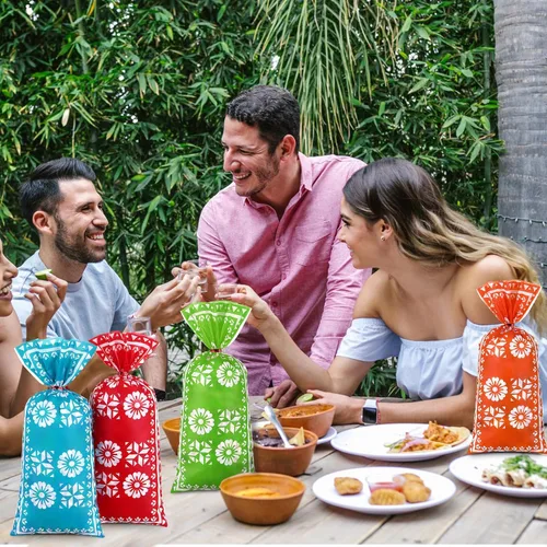 Vista 4 de 100 bolsas mexicanas de celofán para dulces para fiesta, recuerdo Recuerdo de fiesta con 150 lazos rojos, saco de regalo para fiesta
