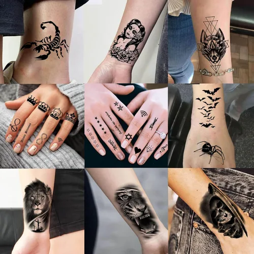 Vista 6 de 60 hojas de tatuajes temporales 3D de león y tigre geniales para hombres y mujeres, tatuajes falsos pequeños y aterradores de diablo, calavera