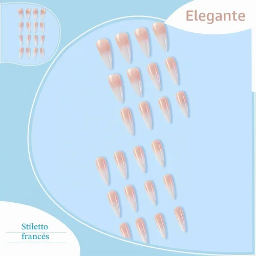 Vista 2 de Uñas postizas extralargas a presión con punta francesa de punta francesa degradada rosa a blanco, uñas postizas para mujeres y niñas, 24
