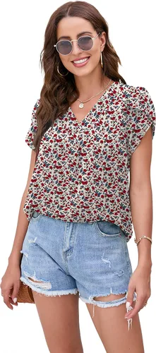 Vista 3 de TASAMO Blusas de gasa con cuello en V dividido para mujer, de verano, holgadas, de manga corta