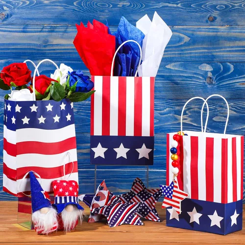 Vista 4 de Tisancy 30 bolsas de regalo patrióticas con asa con 30 piezas de papel de seda rojo, blanco y azul, 4 de julio, bandera estadounidense, bolsas