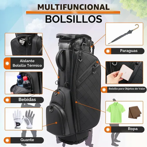 Vista 4 de Bolsa de golf con soporte y 14 divisiones de largo completo, bolsa de golf de cuero PU para hombres, bolsas de golf de lujo ligeras impermeables