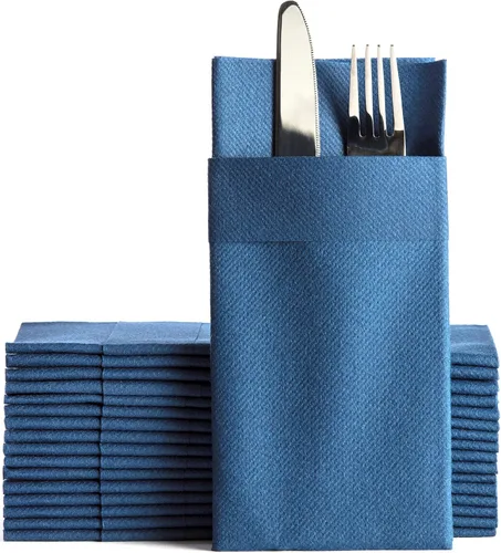 Vista 18 de Servilletas de papel desechables azul bebé con bolsillo incorporado para cubiertos, servilletas de tacto de lino absorbentes para cocina, baño