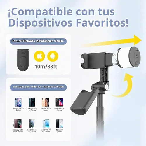 Vista 6 de Sensyne Palo selfie con luz, trípode para teléfono con mango giratorio de 360° compatible con teléfonos celulares