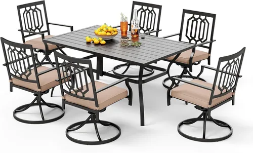 Vista 10 de PHI VILLA Juego de comedor al aire libre de 7 piezas para 6, mesa rectangular de metal negro de 60 pulgadas con agujero para sombrilla y sillas