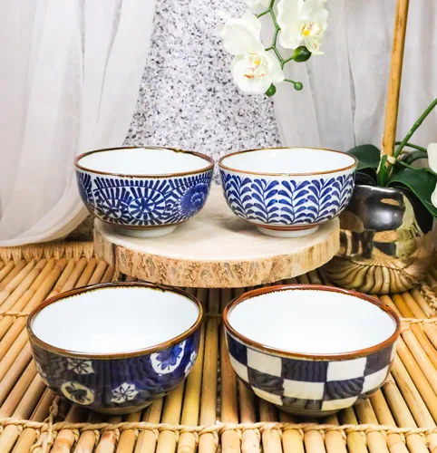 Vista 7 de Ebros Gift Made In Japan Shades Of Blue - Juego de 4 cuencos artísticos de porcelana para ensalada de arroz, miso, sopa de helado, cuenco